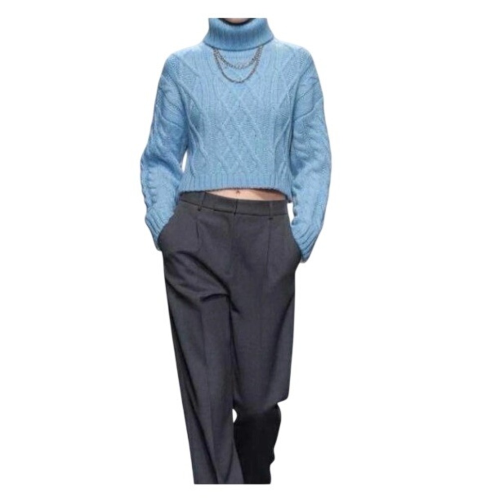 Parisian Luzabelle NWT Baby Blue‎ Cable Knit Cropped Turtleneck Sweater S/M $128